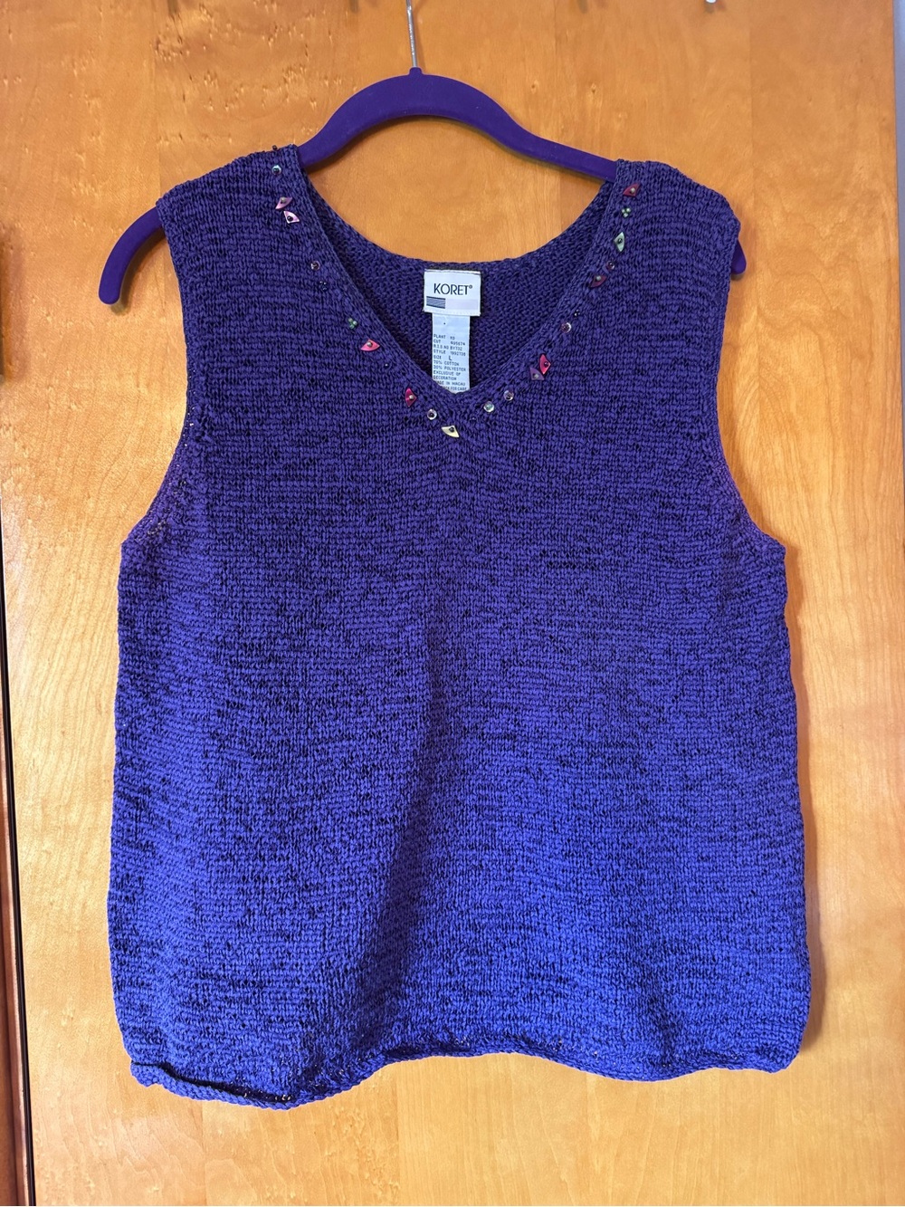 Koret Deep Purple V-Neck Sleeveless Knit Tank with Bead Accents